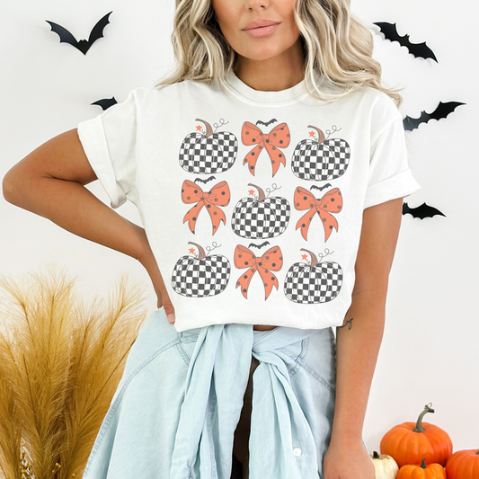 Checkered Pumpkin and Bows Retro Sweatshirt or T Shirt