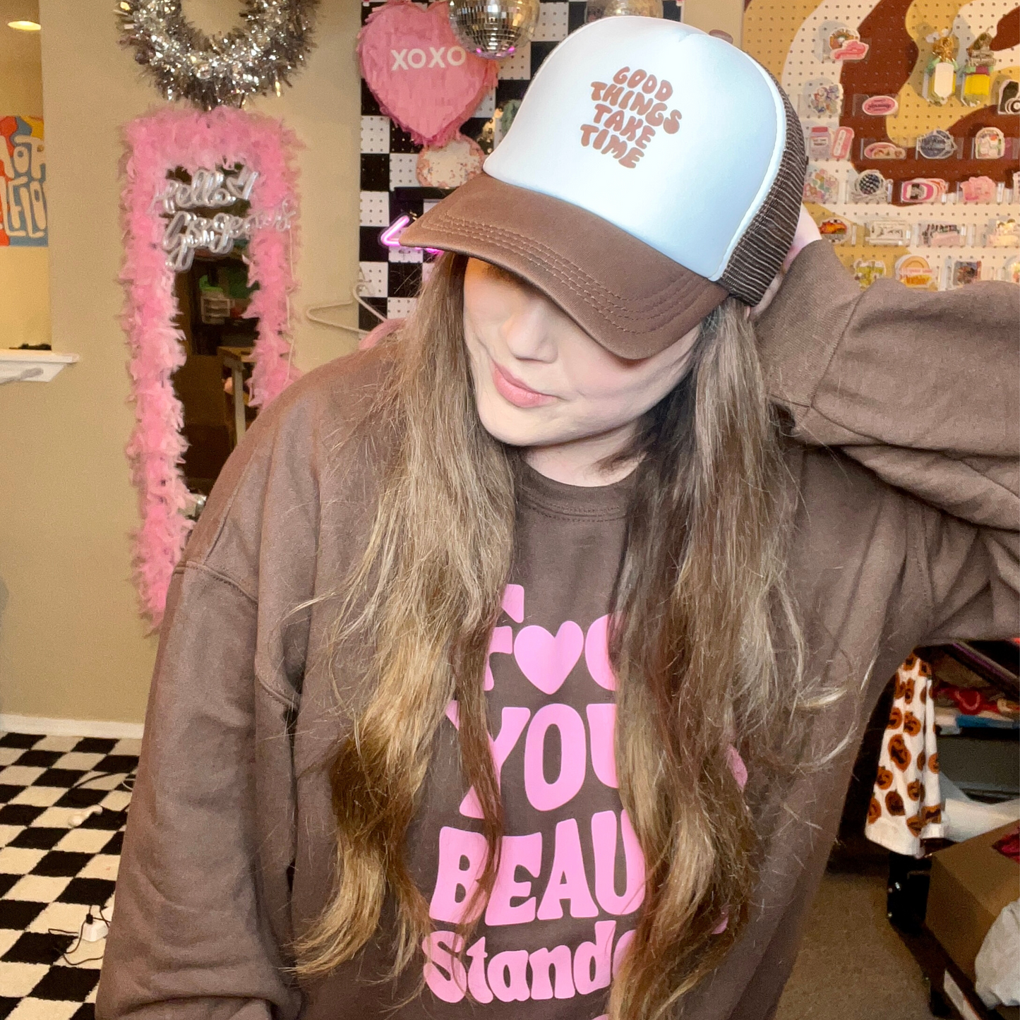 Good Things Take Time Brown Trucker Hat