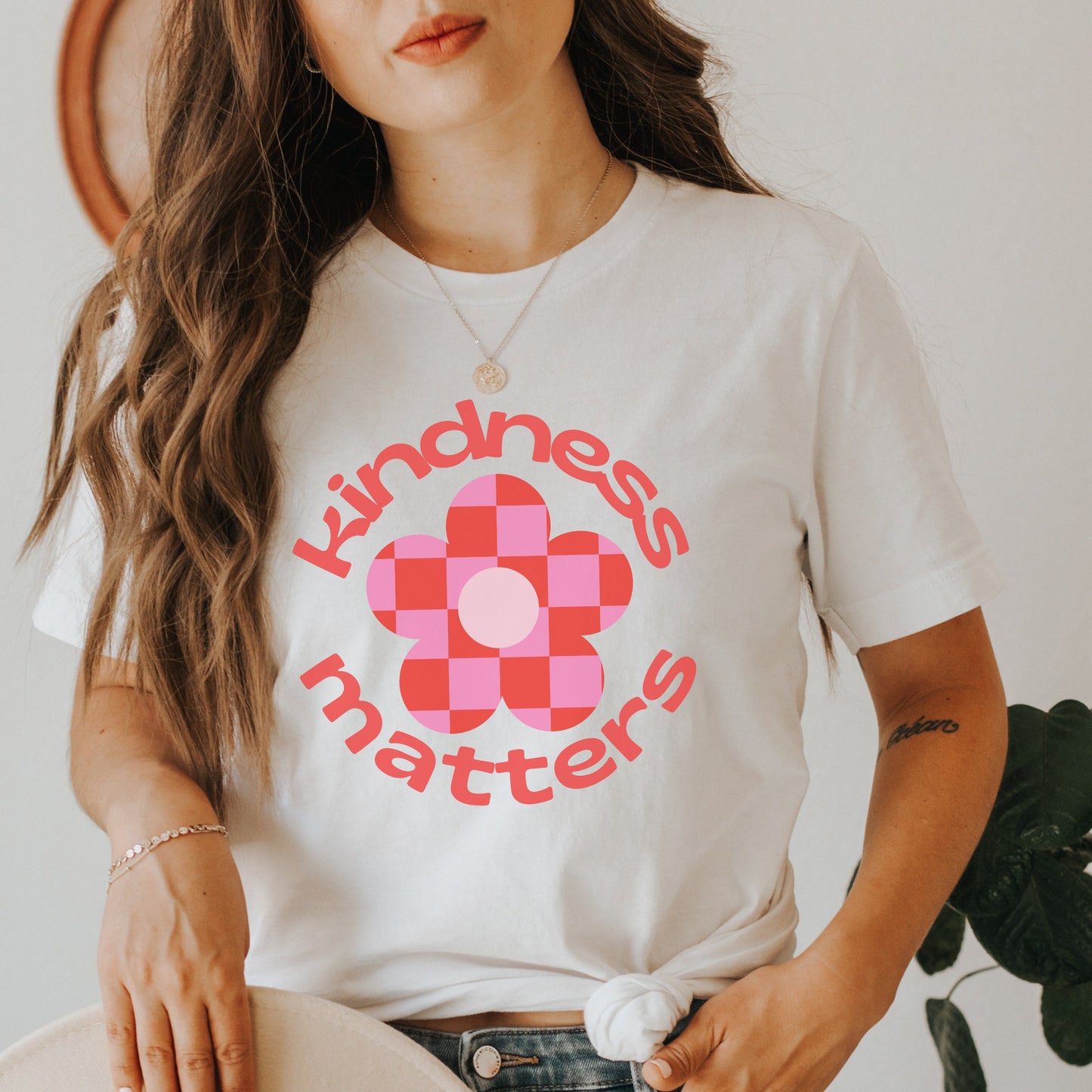 Kindness Matters Pink Checkered T Shirt