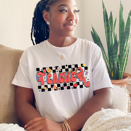 Retro Checkered Teacher T Shirt